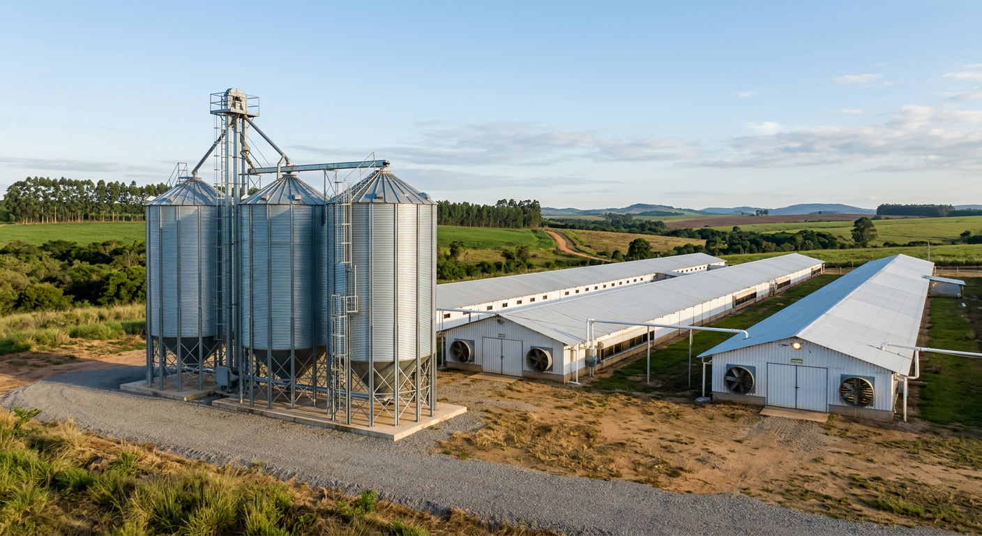 Silos de alimento junto a galpones de una granja avícola